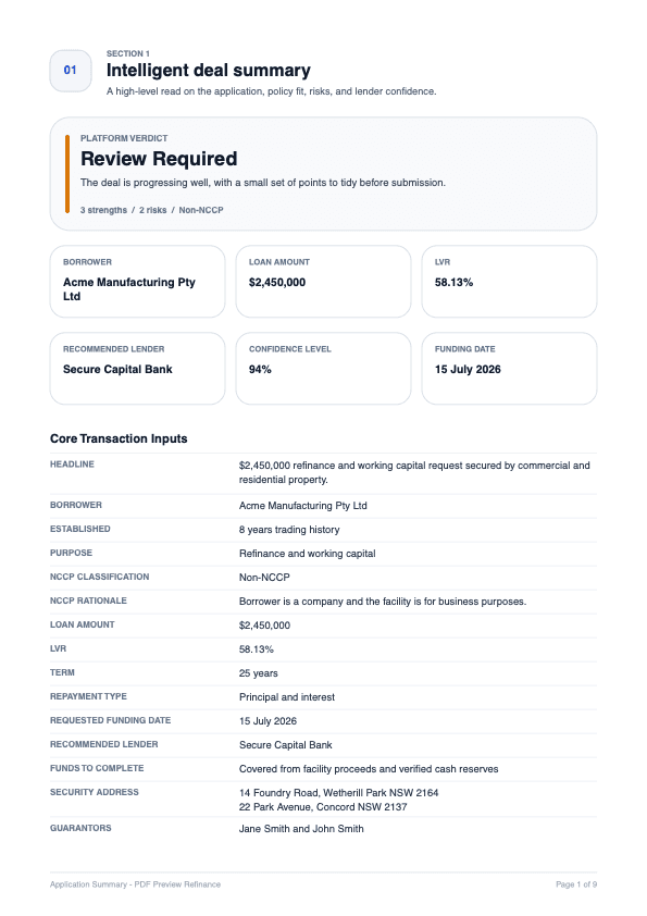 Mock Financial Edge application summary showing deal overview and risk signals