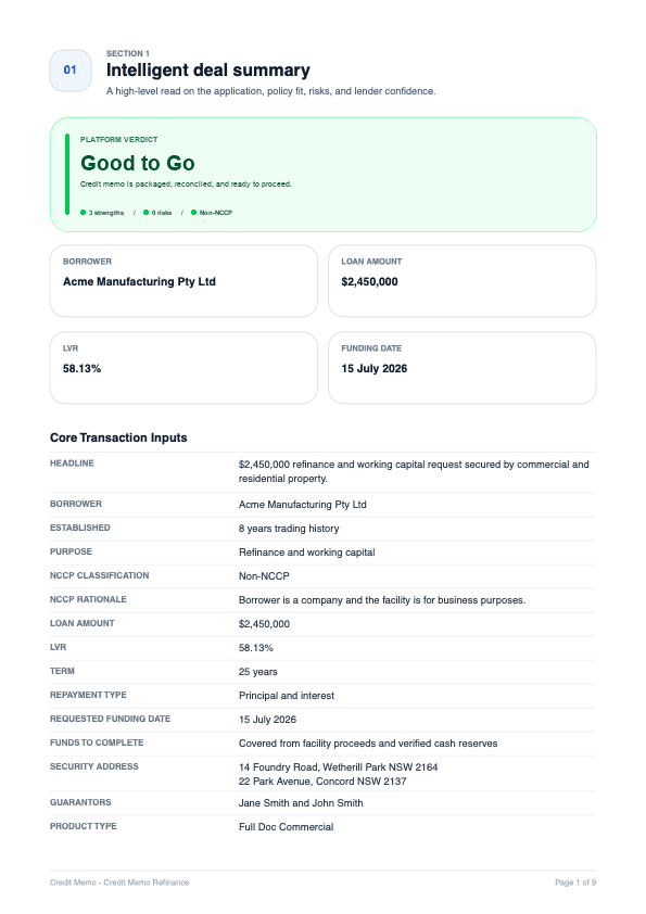 Mock Financial Edge credit memo output for a commercial finance application