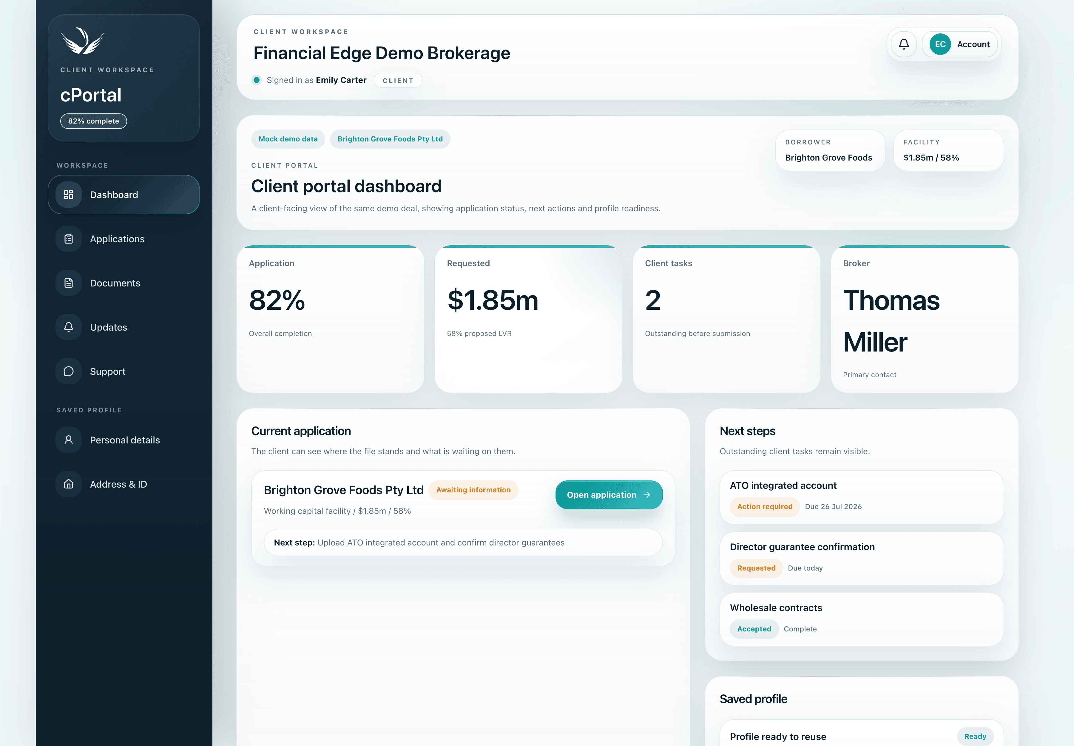 Client progress dashboard showing application completion, requested amount, next steps, and outstanding tasks.