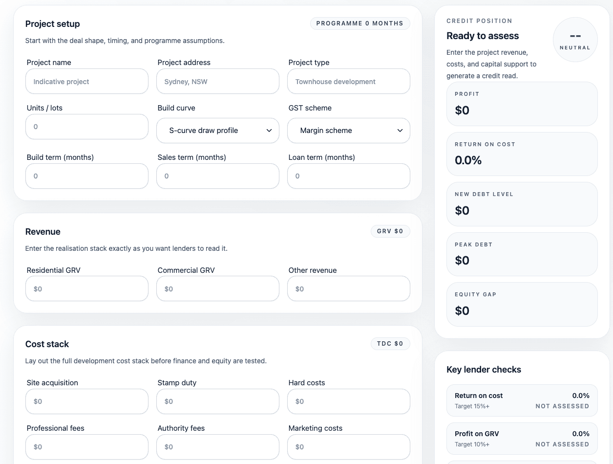 Construction project finance check showing project inputs and a credit position panel.