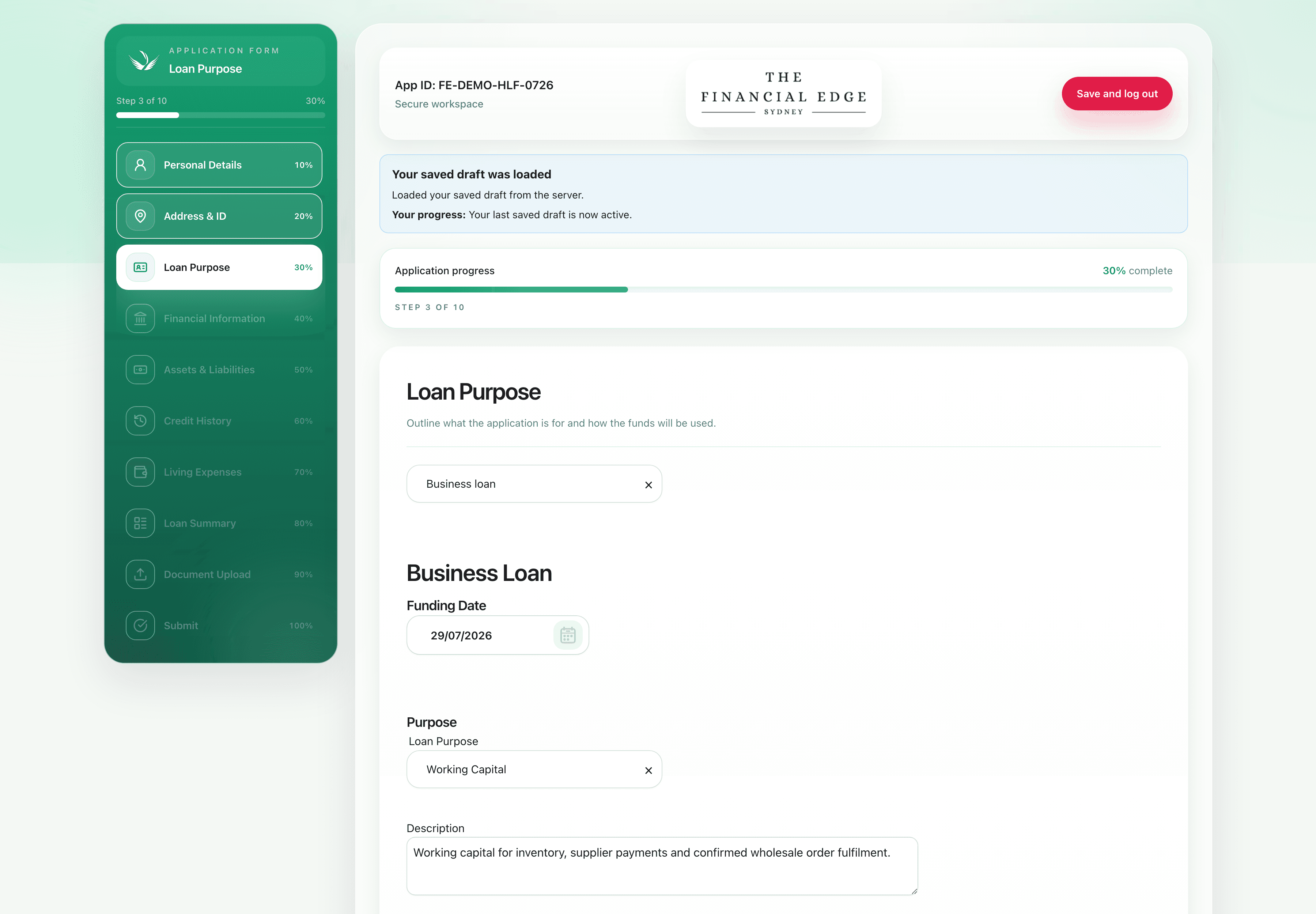Financial Edge digital application form showing a saved finance application draft and progress steps.
